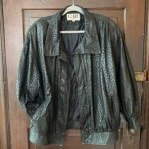 Vintage G-III 80s Black Leather Leopard Bomber Jacket M